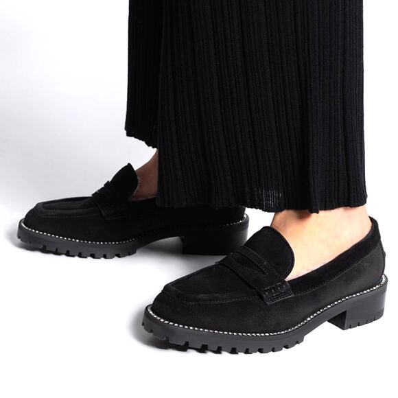 Jimmy Choo 9 CRYSTAL Suede Loafers SHEARLING LINED Chunky Lug Sole Deanna Black - Picture 1 of 10